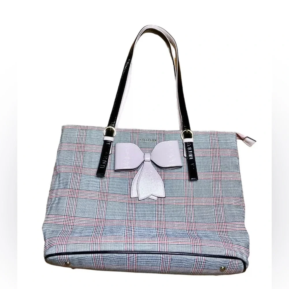 Plaid Tote Laptop Bag with Pale Pink Bow Accent
